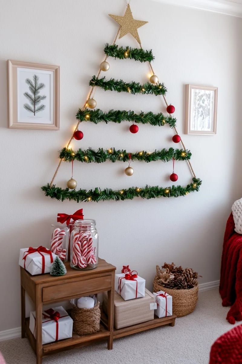 diy wall christmas tree using garland and gold star topper 1