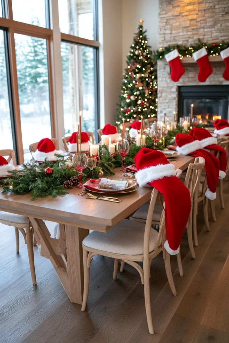 santa hats on the backs of chairs for whimsical seating 1
