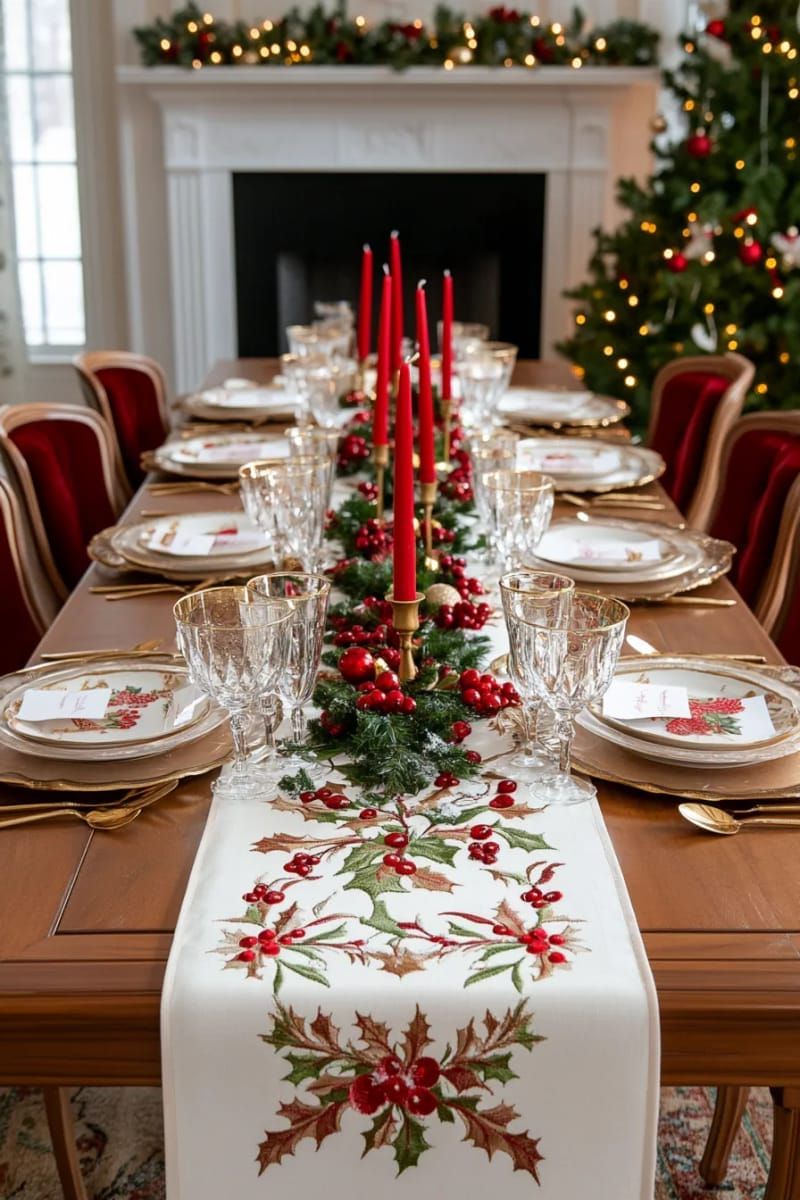 classic red taper candles with embroidered winter tablecloth 1
