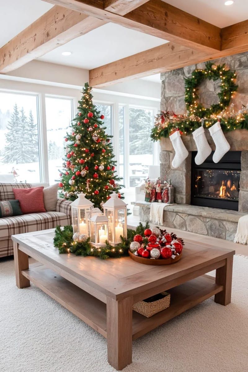 farmhouse style lanterns filled with miniature ornaments and fairy lights 1