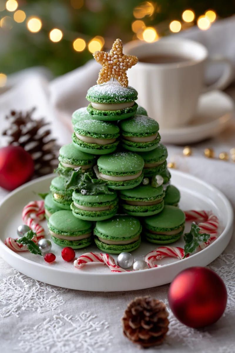 christmas tree centerpiece built from stacked green macarons or cookies 1