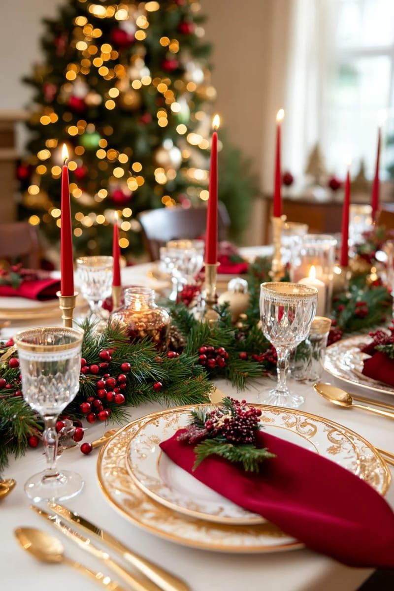 elegant gold-rimmed glassware paired with deep red napkins and candles 1