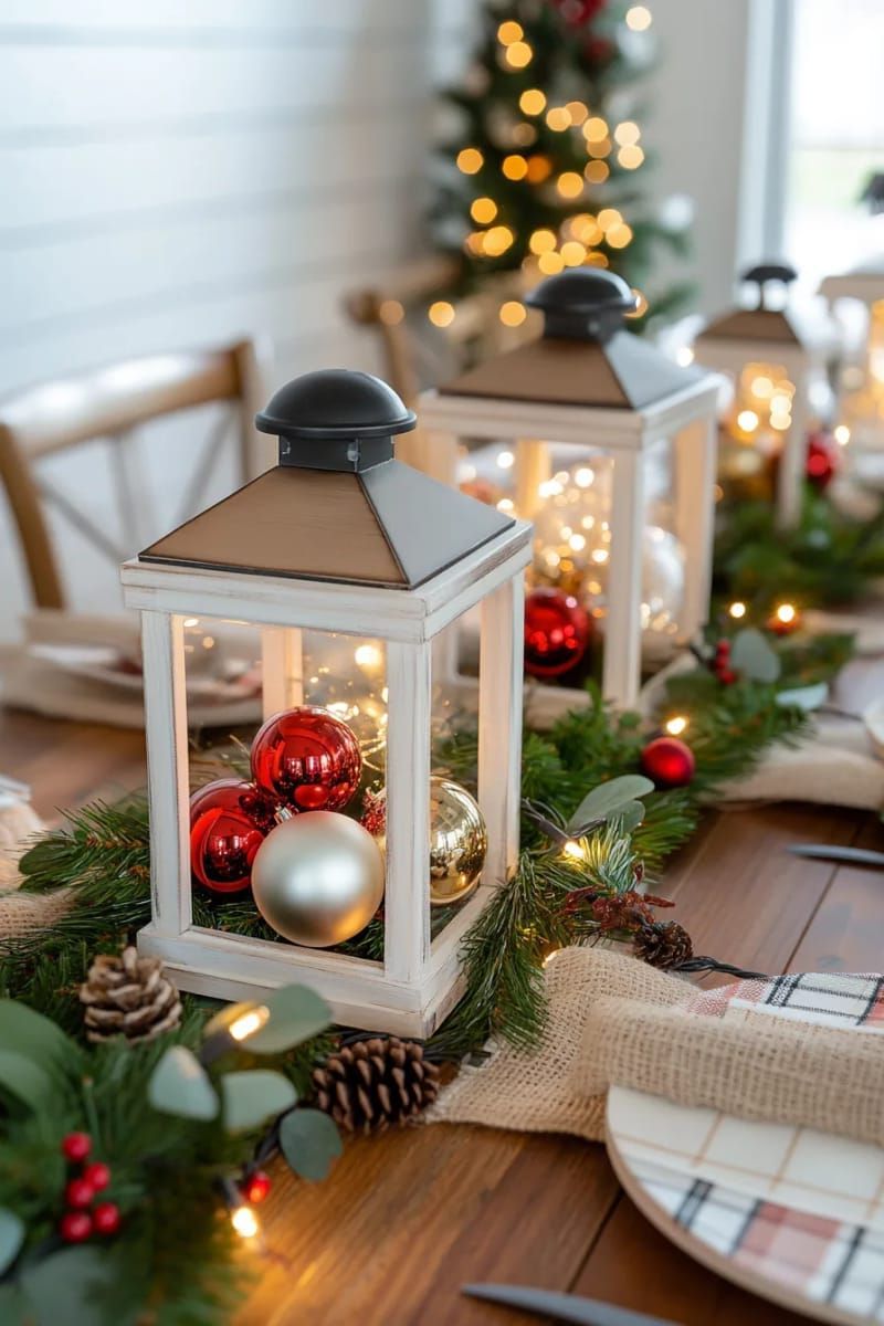 farmhouse style lanterns filled with miniature ornaments and fairy lights 1