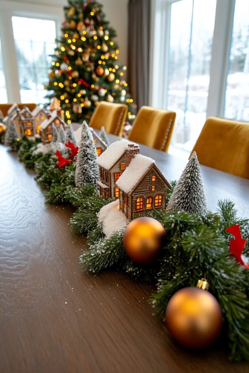 christmas village centerpiece with twinkling houses and tiny snowy trees 1