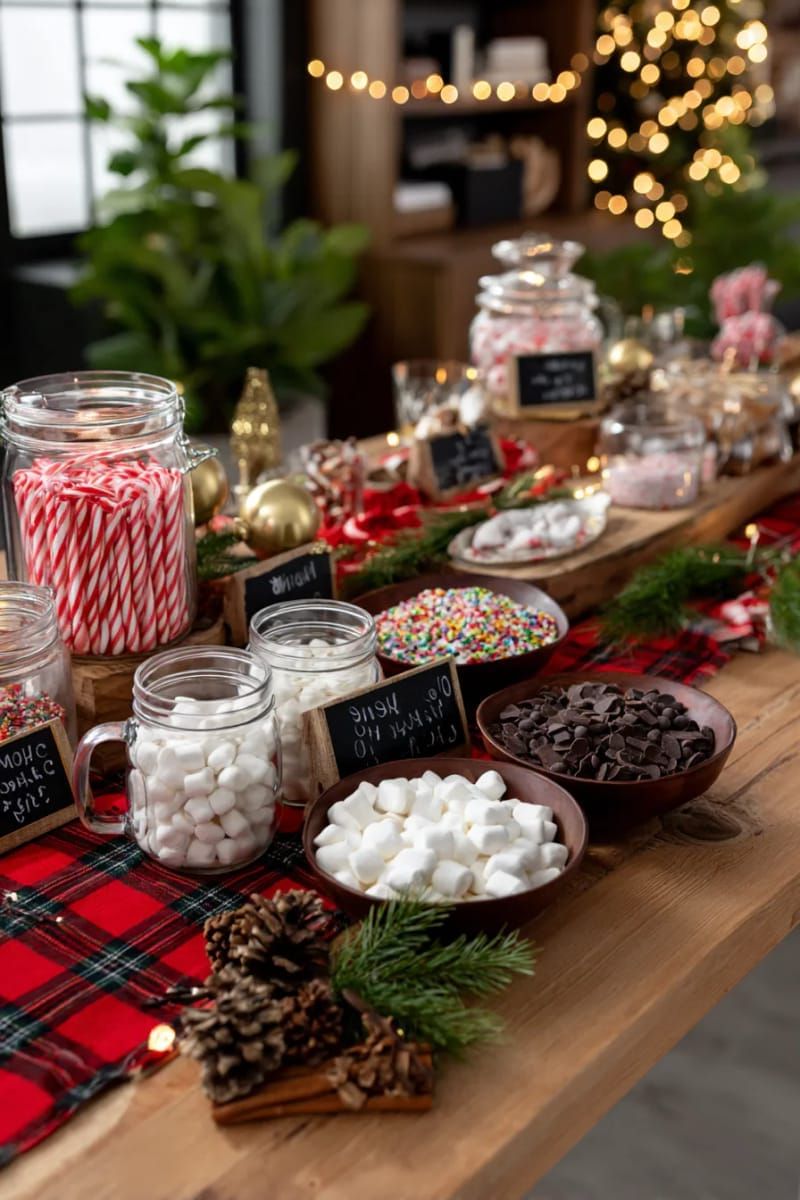 festive hot chocolate bar with pinecones, marshmallows, and candy canes galore 1