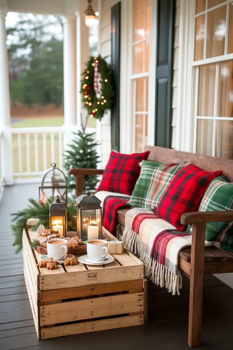 cozy plaid blankets draped over benches for an outdoor farmhouse vibe 1