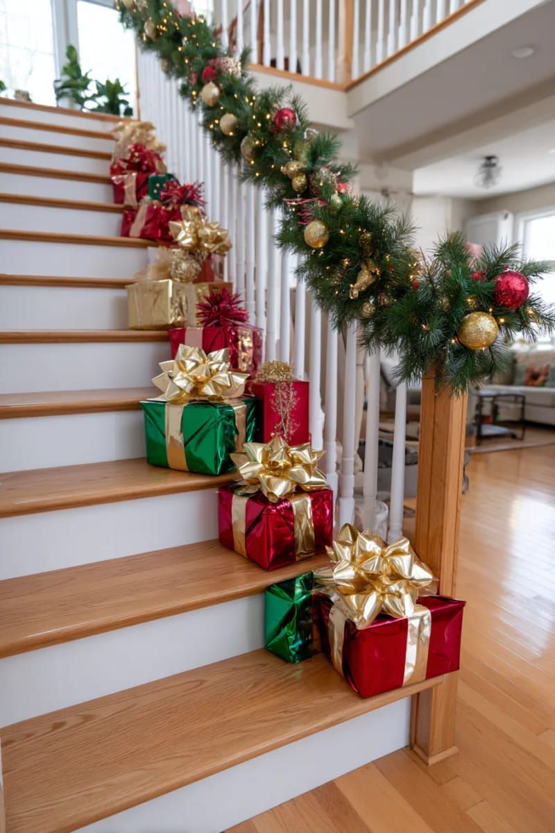 festive garland staircase lined with wrapped faux presents and gold ribbons 1