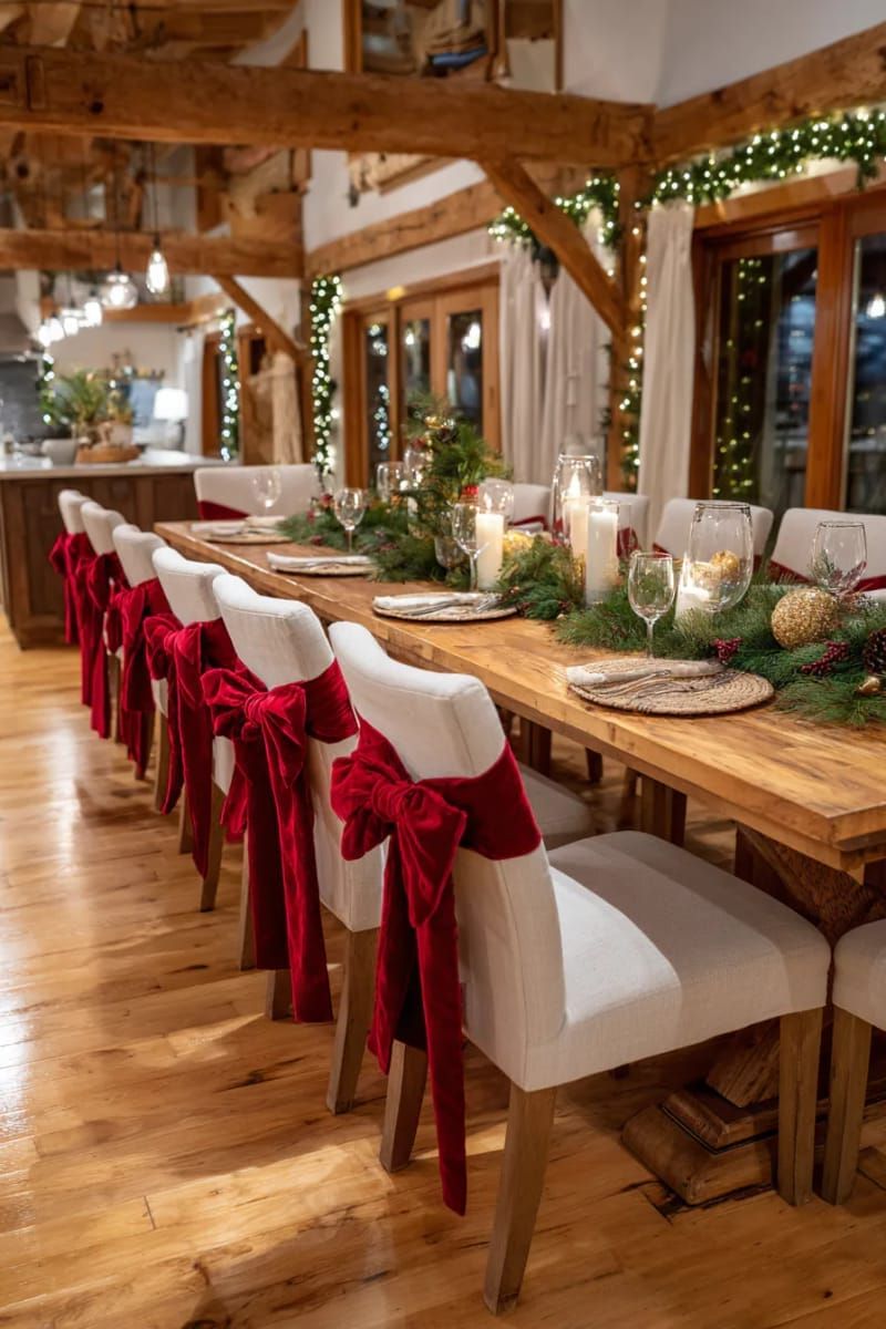 red velvet bows tied around each dining chair for a festive look 1