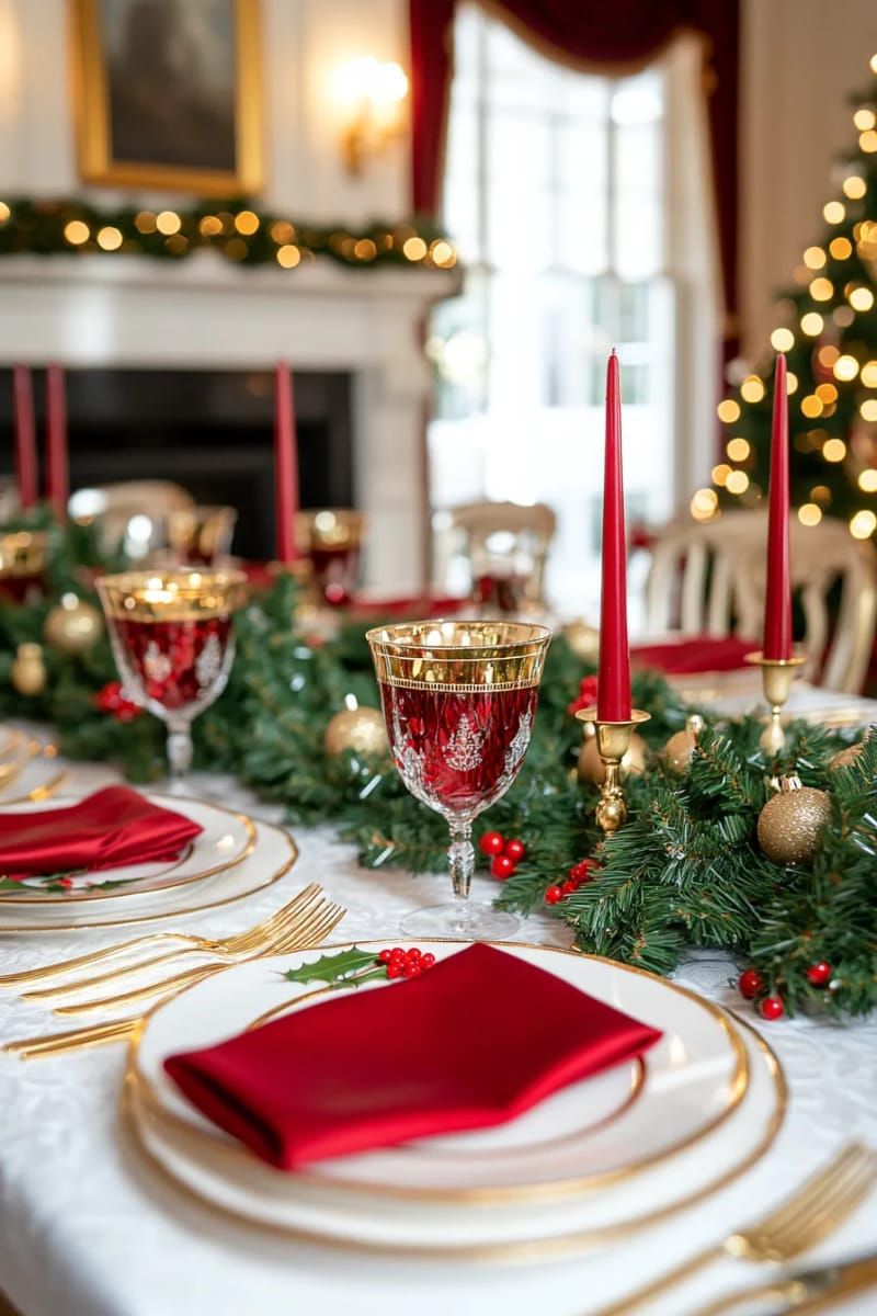 elegant gold-rimmed glassware paired with deep red napkins and candles 1