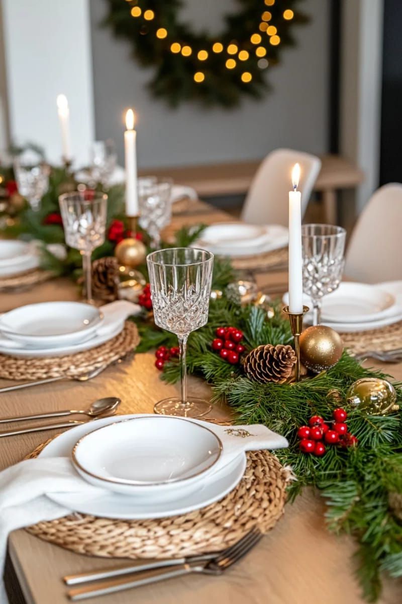 table runner made from fresh greenery and clusters of red berries 1