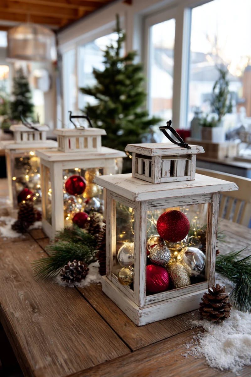farmhouse style lanterns filled with miniature ornaments and fairy lights 1