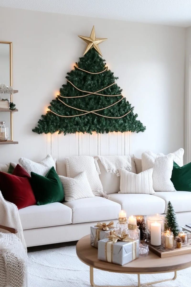 diy wall christmas tree using garland and gold star topper 1