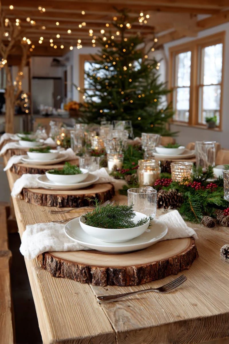 natural wood slices as rustic chargers beneath each dinner plate 1