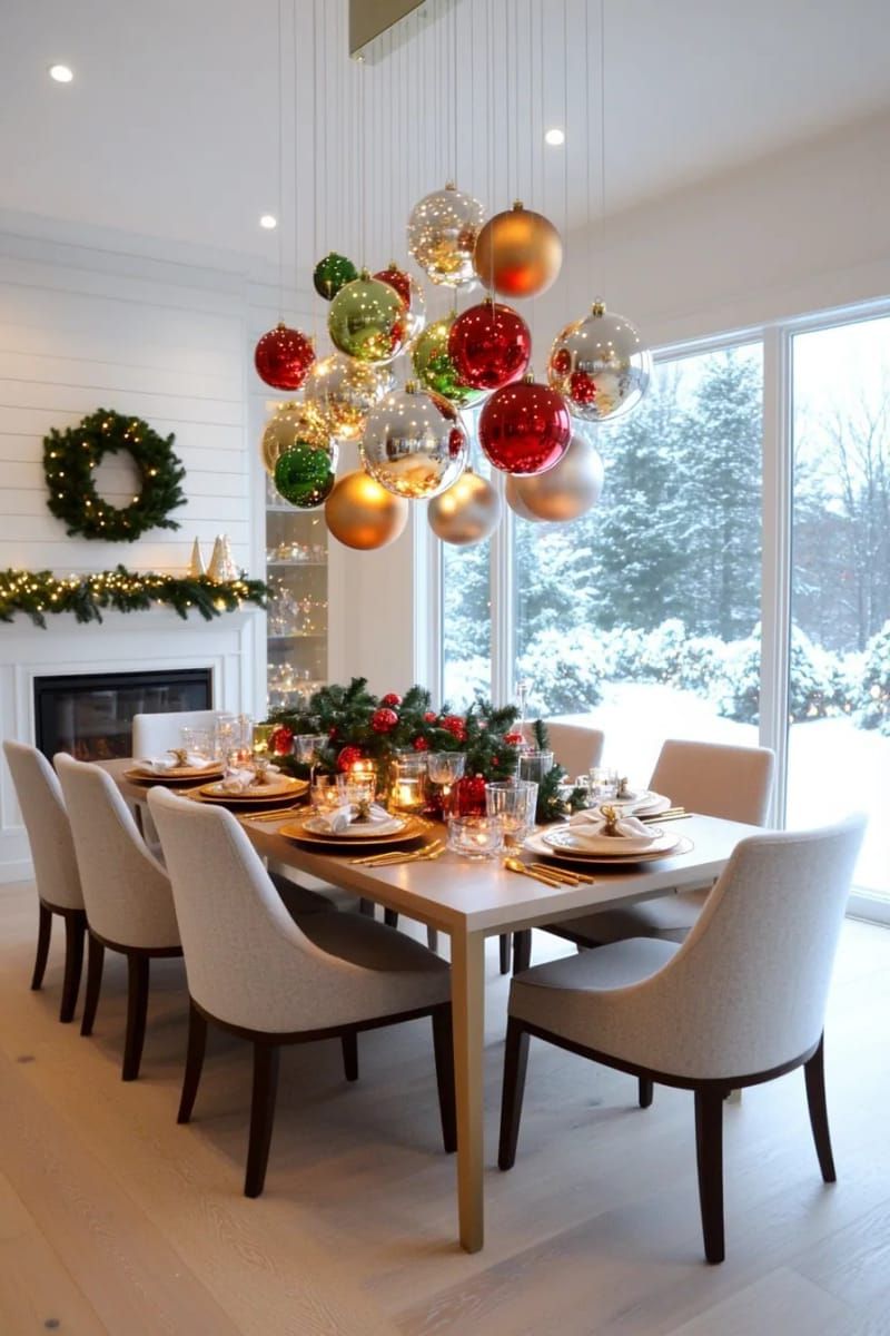 hanging ornaments at varying heights above the dining table chandelier 1