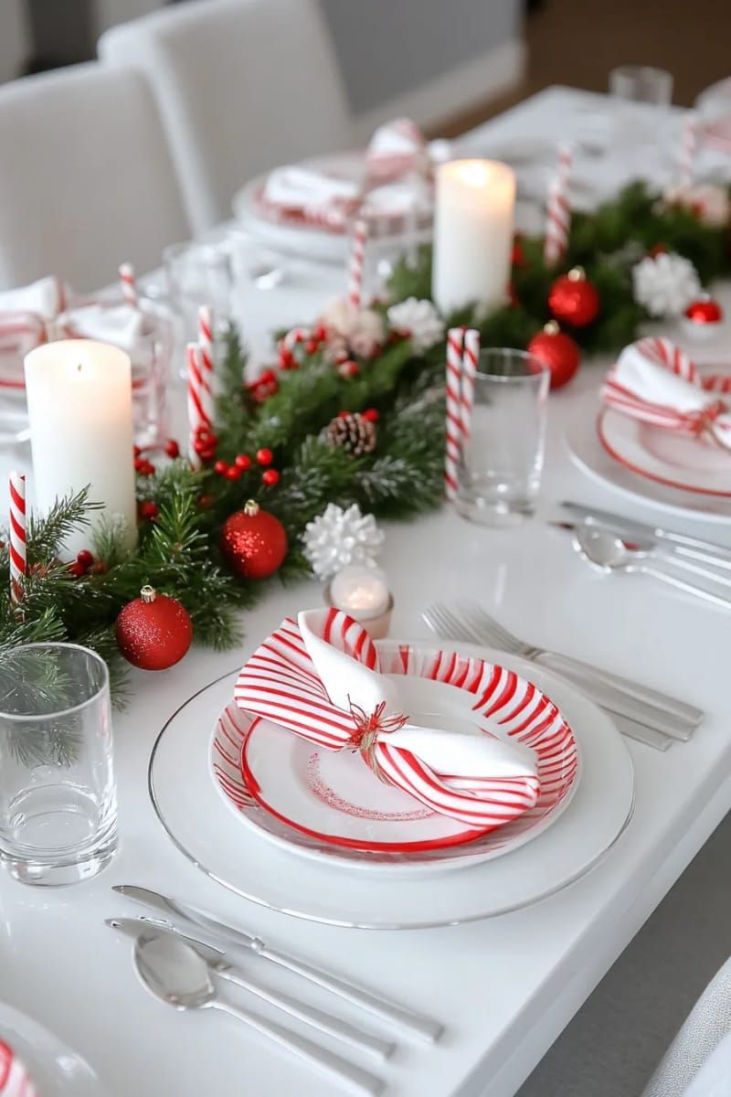 candy cane striped plates and napkins set for a playful tablescape 1