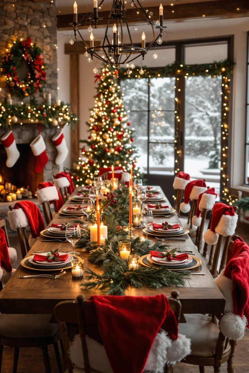 santa hats on the backs of chairs for whimsical seating 1