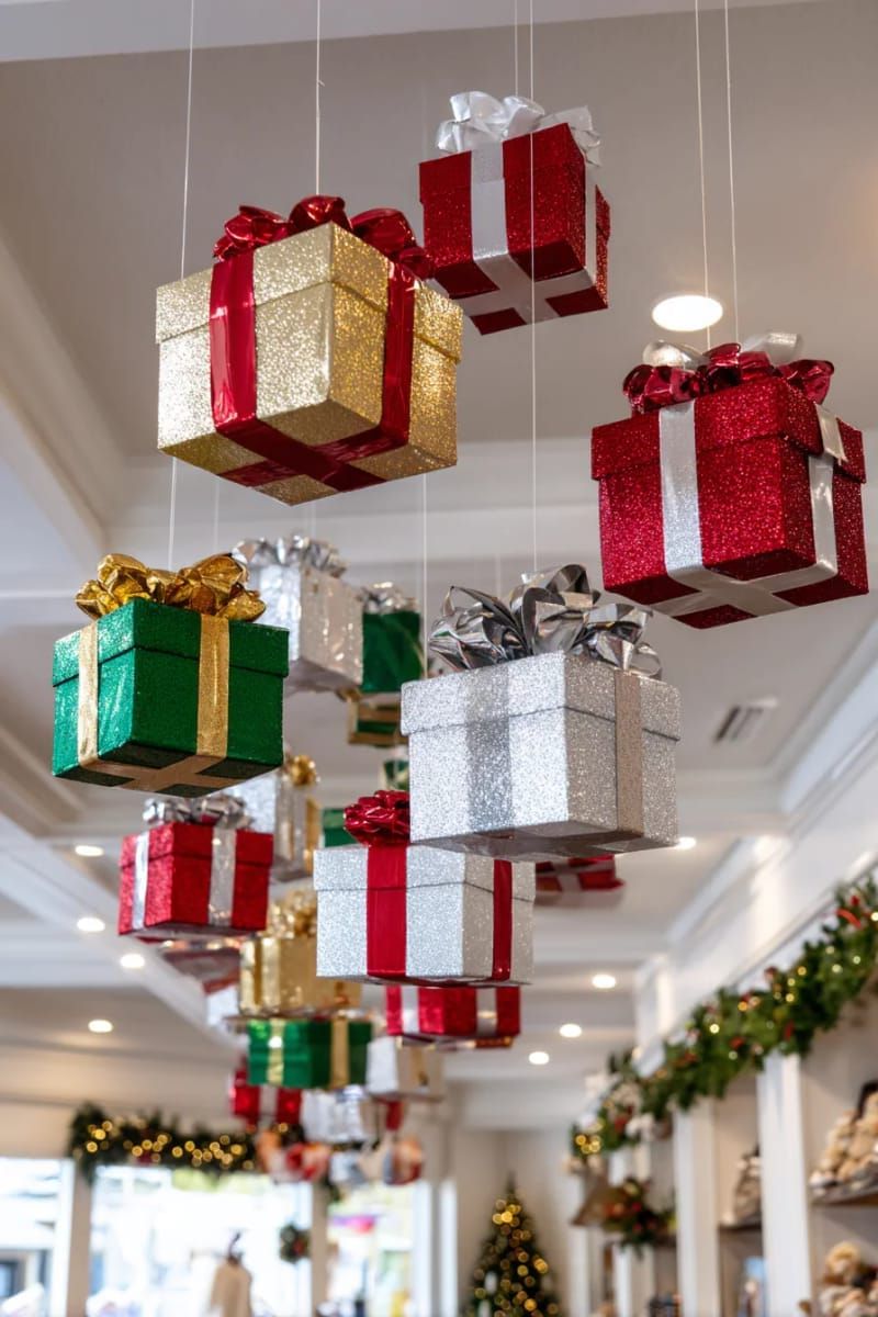 mini present boxes suspended from the ceiling as floating gift installation 1