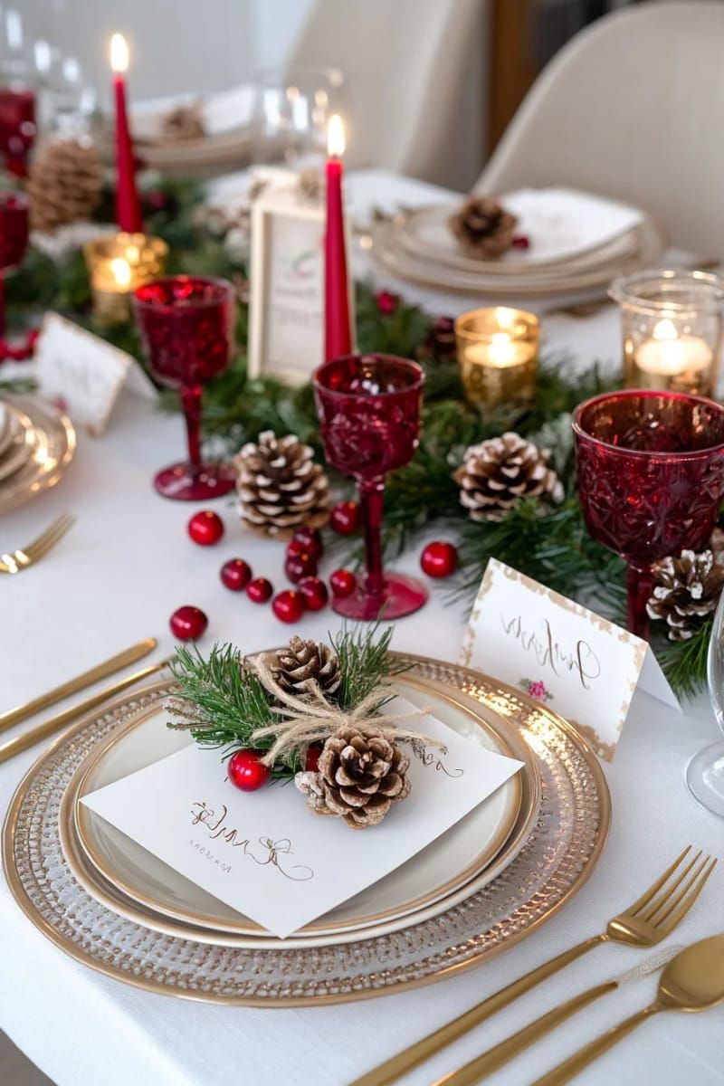 pinecone place cards tied with twine and a sprig of rosemary 1