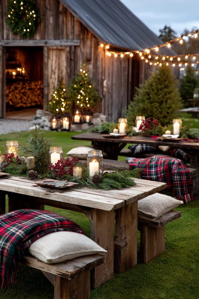 cozy plaid blankets draped over benches for an outdoor farmhouse vibe 1