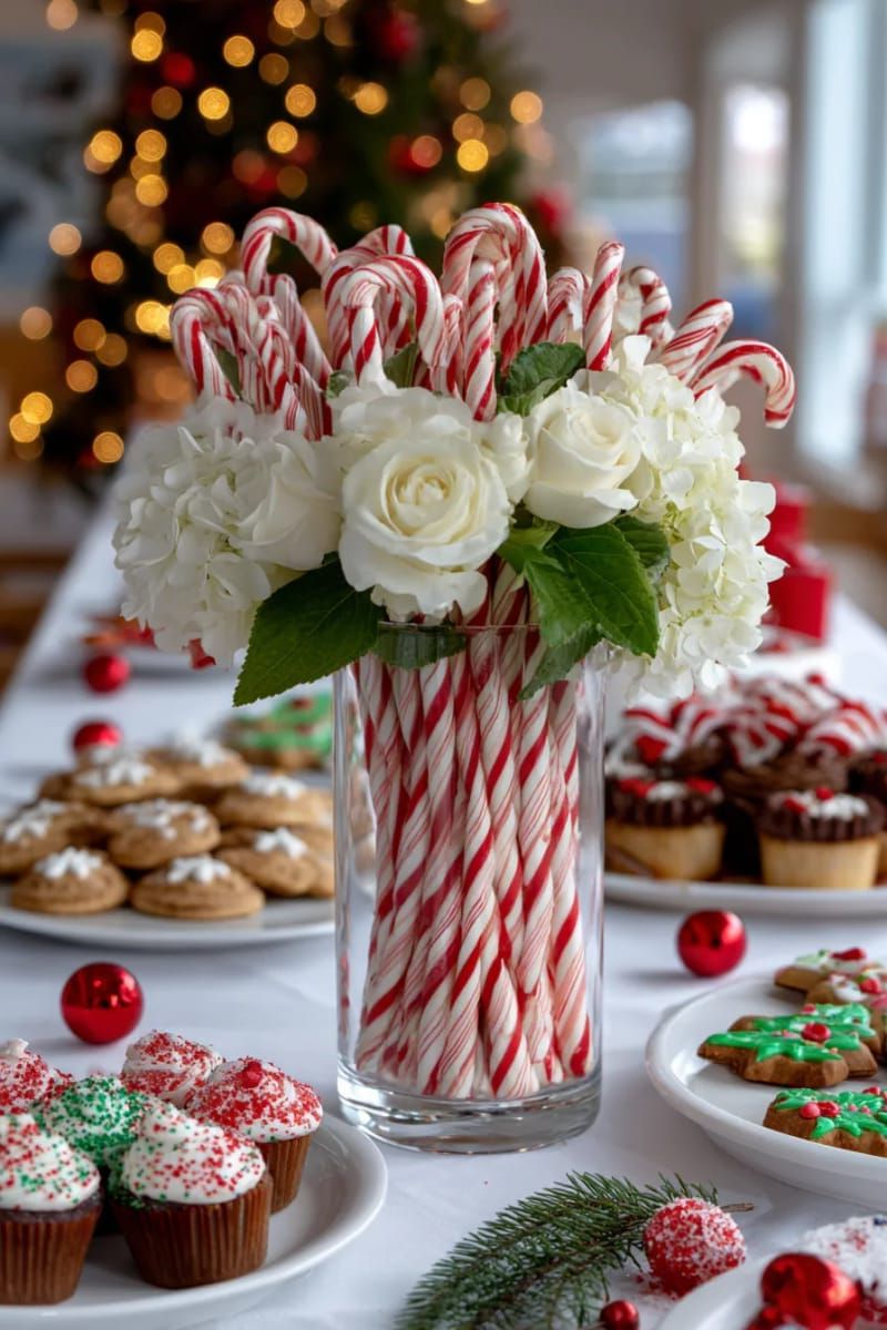 peppermint stick vase filled with fresh white flowers on the dessert table 1