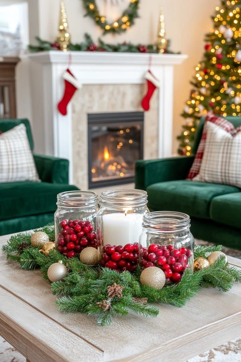 mason jars filled with cranberries and floating candles as table lighting 1