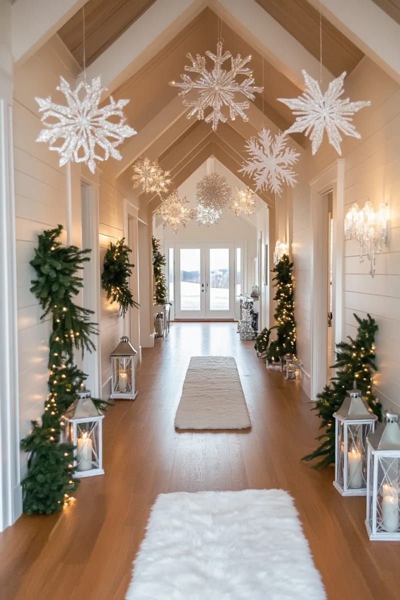 hanging snowflake mobiles above entryway for an enchanting winter wonderland entrance 1