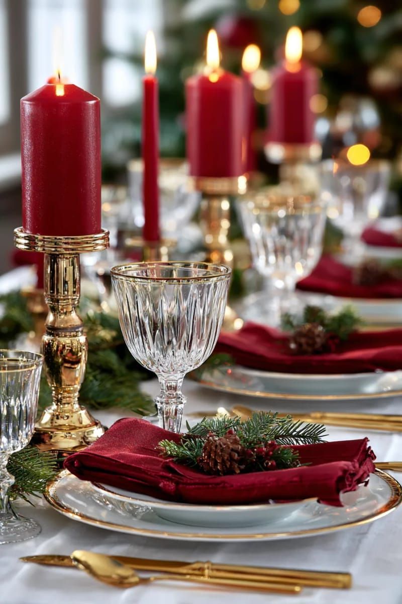 elegant gold-rimmed glassware paired with deep red napkins and candles 1