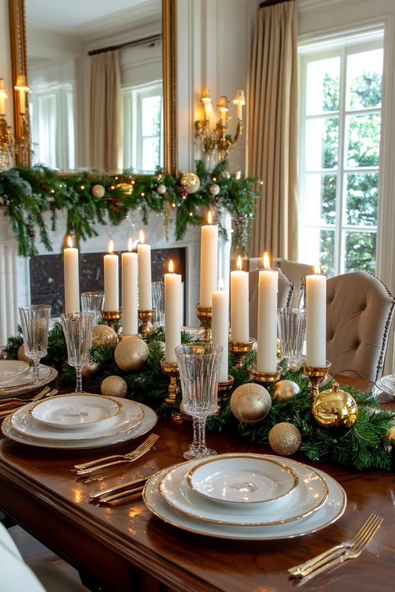 elegant candle cluster centerpiece surrounded by greenery and gold baubles 1