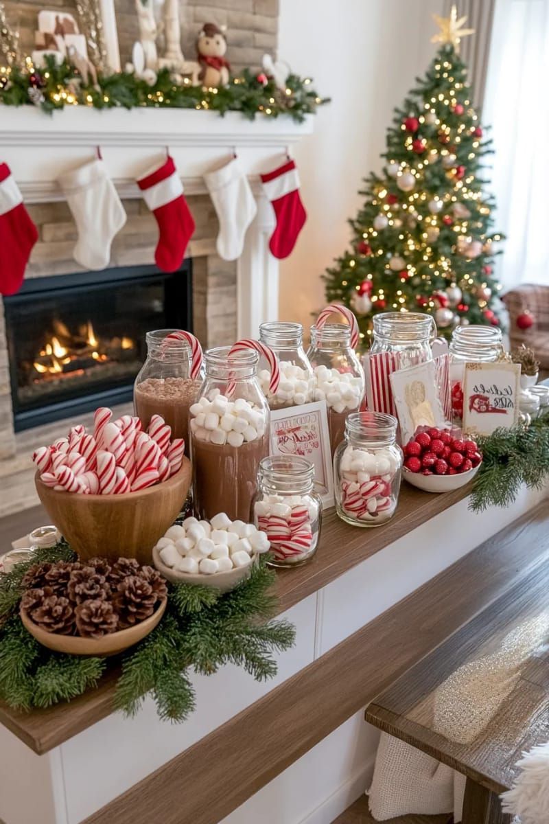 festive hot chocolate bar with pinecones, marshmallows, and candy canes galore 1