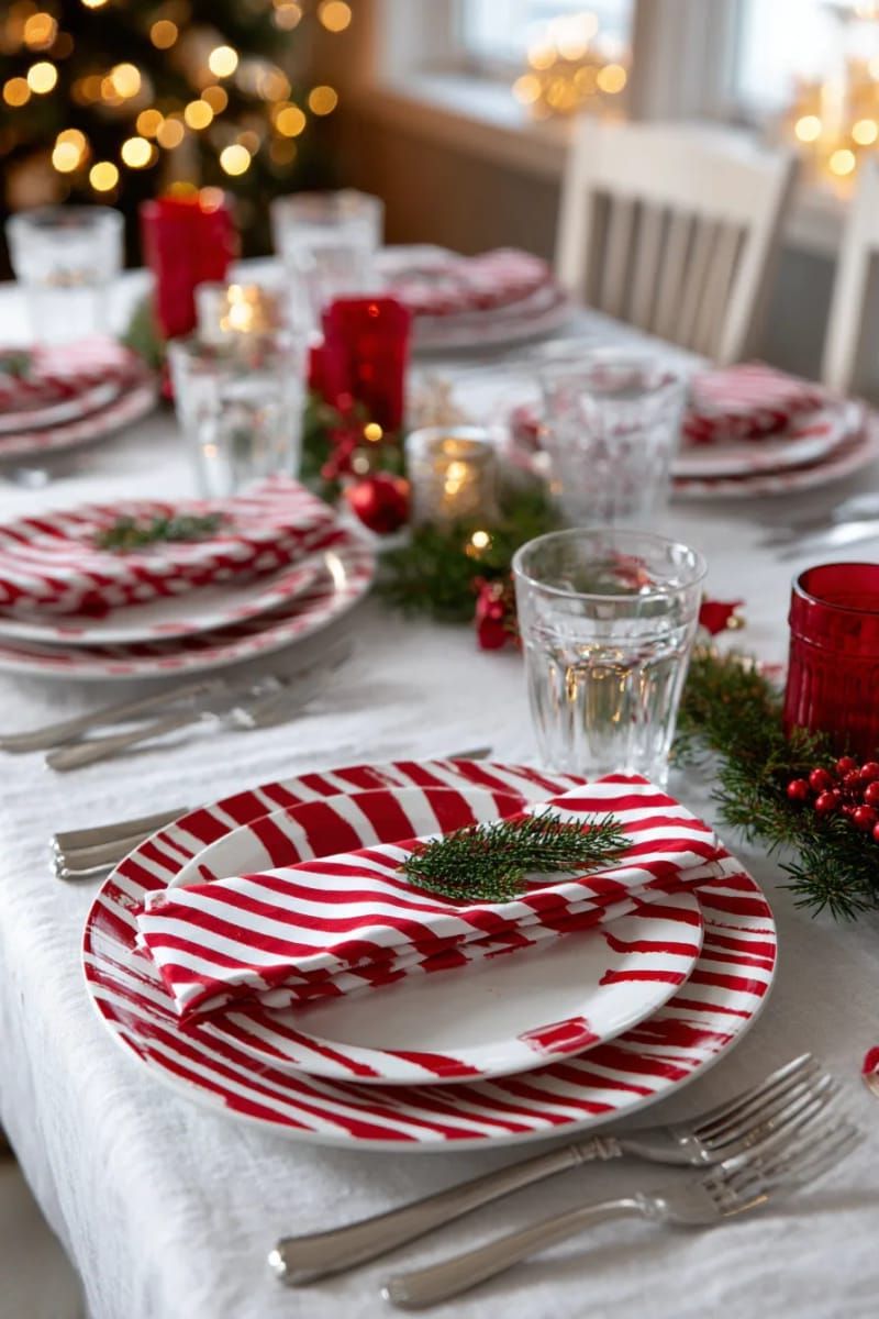 candy cane striped plates and napkins set for a playful tablescape 1