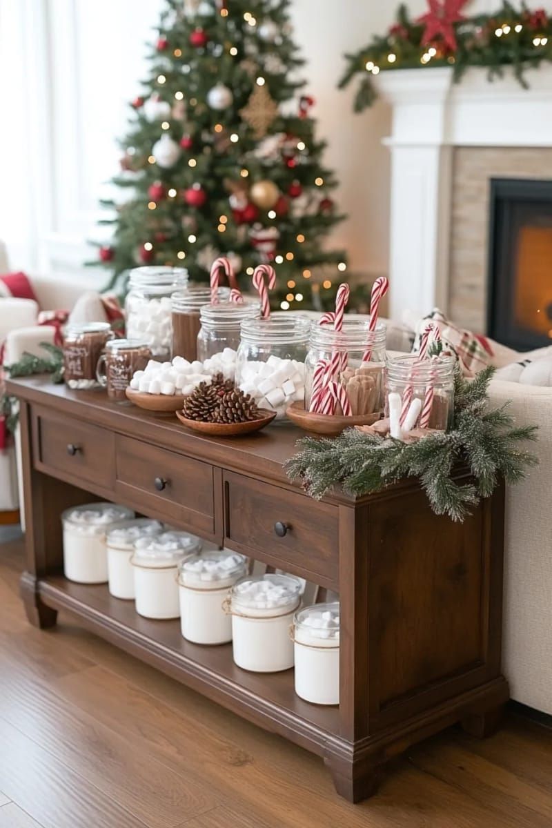 festive hot chocolate bar with pinecones, marshmallows, and candy canes galore 1