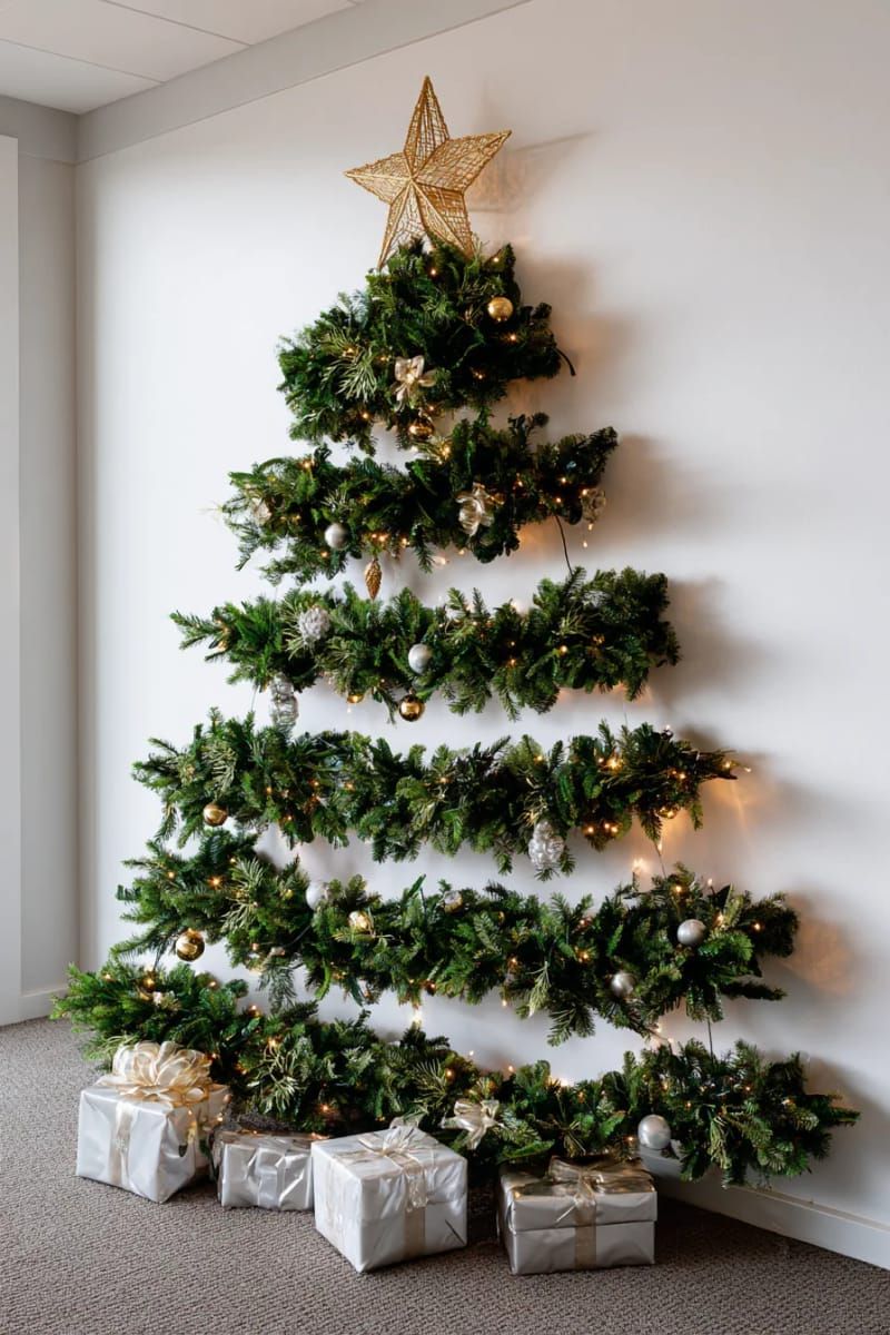 diy wall christmas tree using garland and gold star topper 1