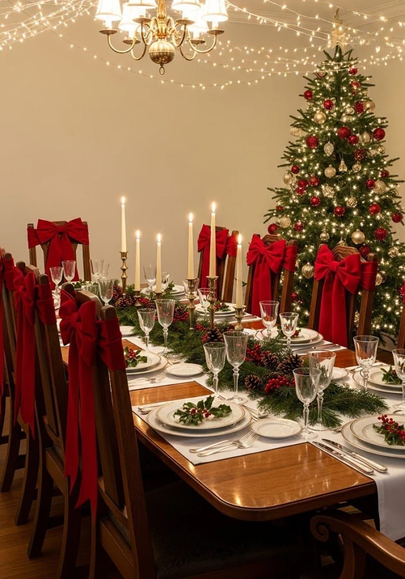 red velvet bows tied around each dining chair for a festive look 1
