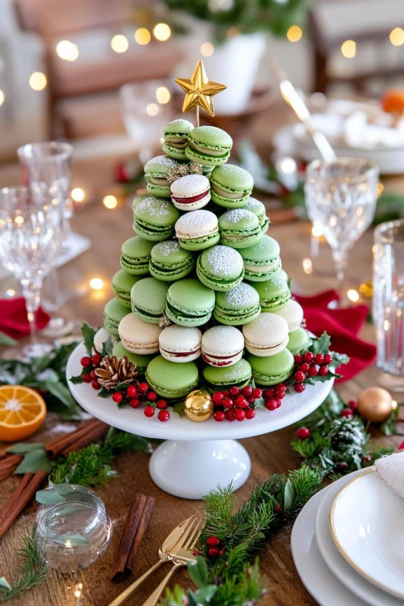 christmas tree centerpiece built from stacked green macarons or cookies 1