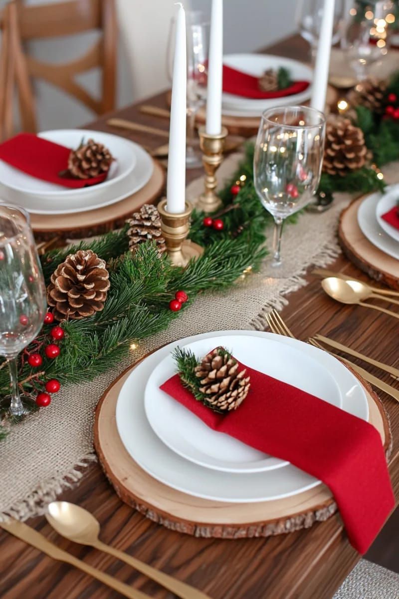 natural wood slices as rustic chargers beneath each dinner plate 1