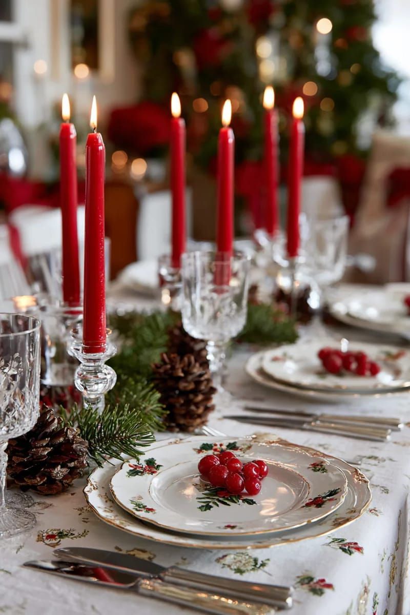 classic red taper candles with embroidered winter tablecloth 1