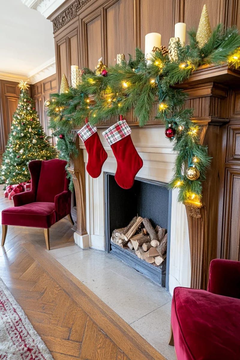 pine garland with twinkling fairy lights draped over a classic wood mantle 1