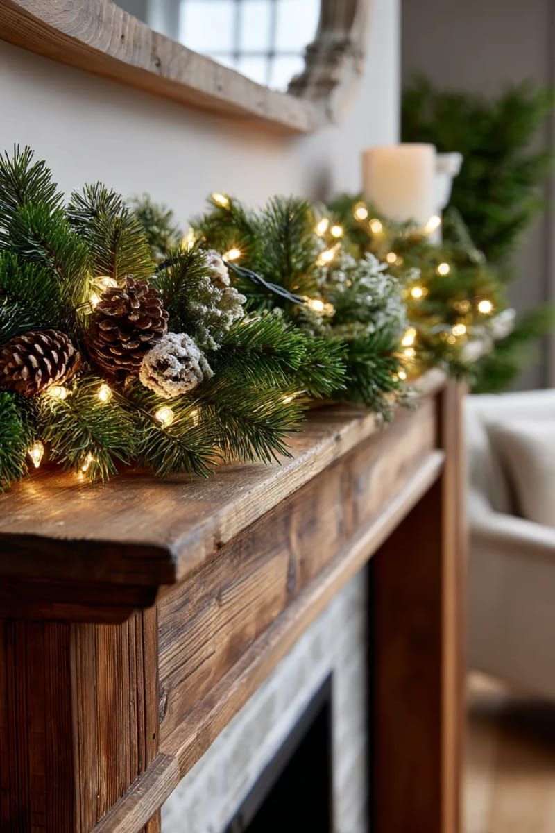 pine garland with twinkling fairy lights draped over a classic wood mantle 1