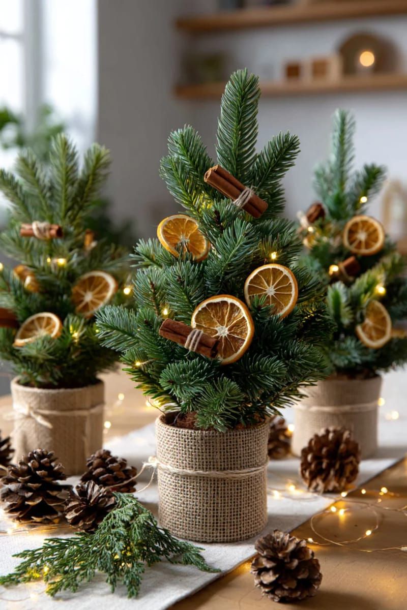 mini christmas trees decorated with dried orange slices and cinnamon sticks 1