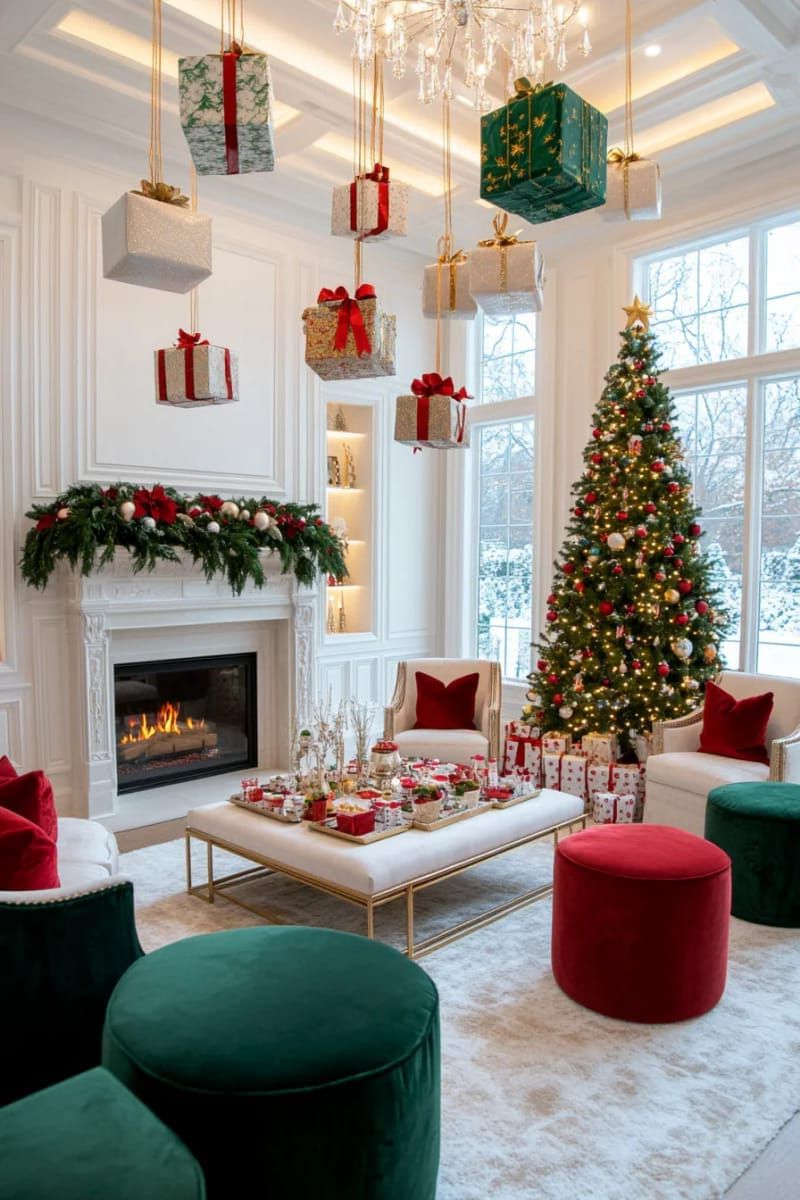 mini present boxes suspended from the ceiling as floating gift installation 1