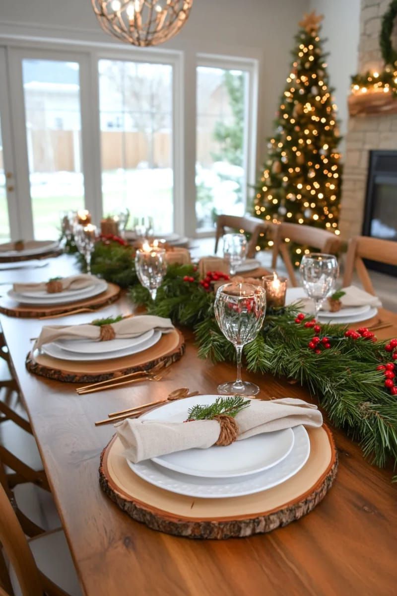 natural wood slices as rustic chargers beneath each dinner plate 1