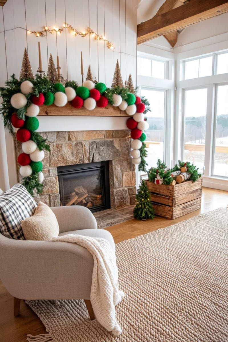 hanging garland of felted wool balls in classic christmas colors 1
