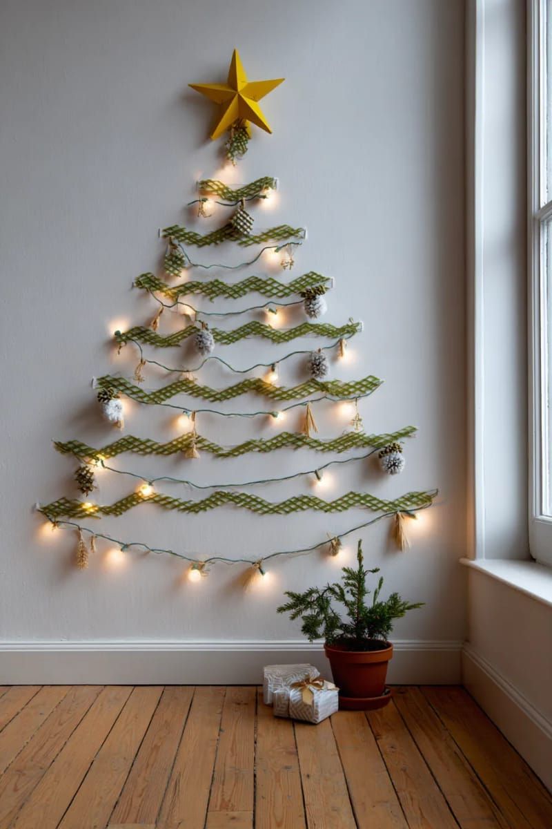 diy light-up wall tree using green washi tape and fairy lights 1