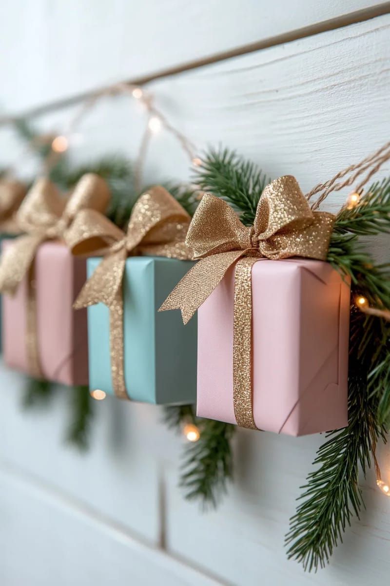 hanging mini gift boxes garland with gold ribbon accents for festive cheer 1
