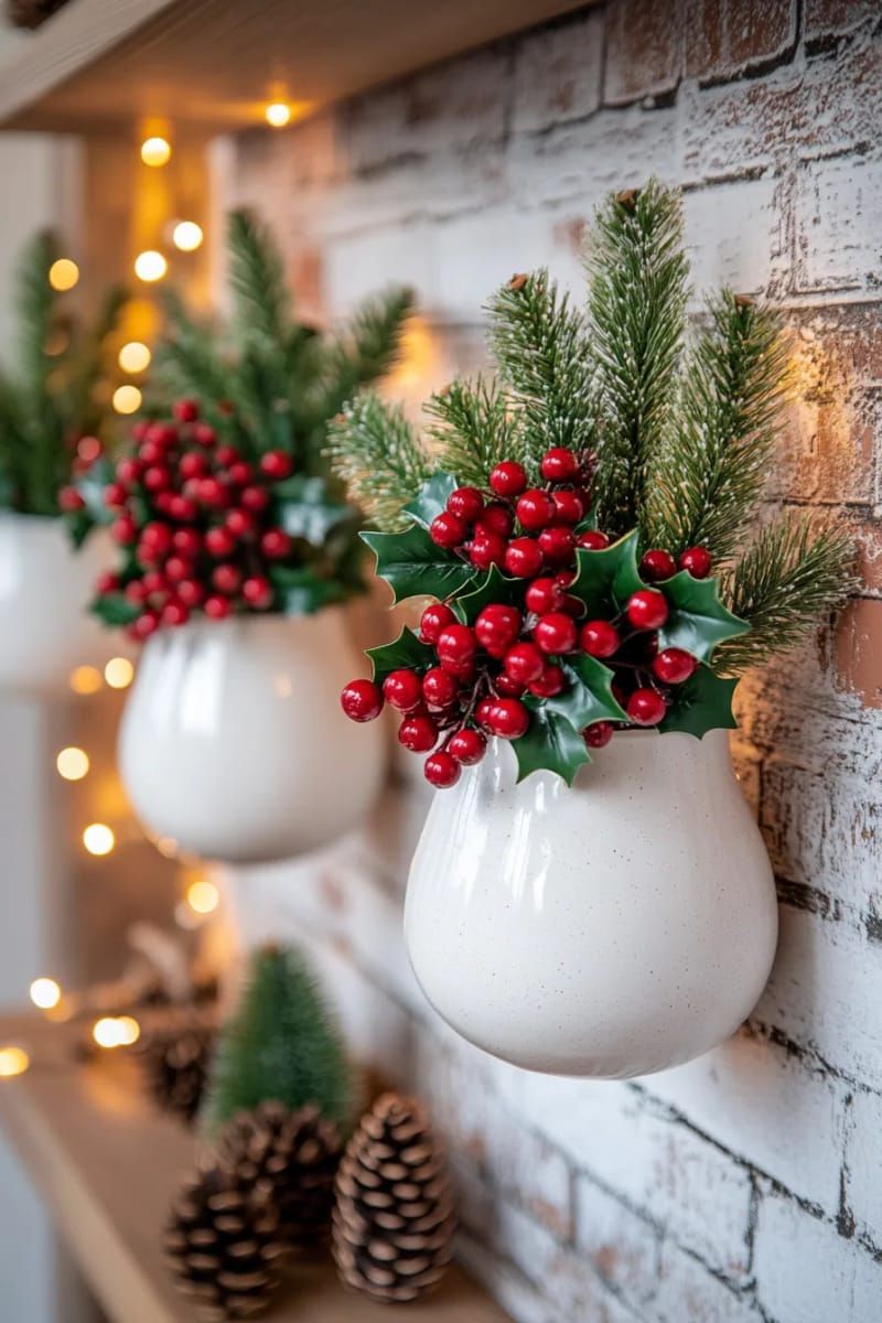 christmas wall pocket vases filled with holly, berries, and pine 1