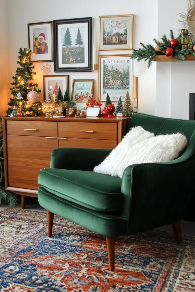 gallery wall of retro christmas cards in mismatched vintage frames 1