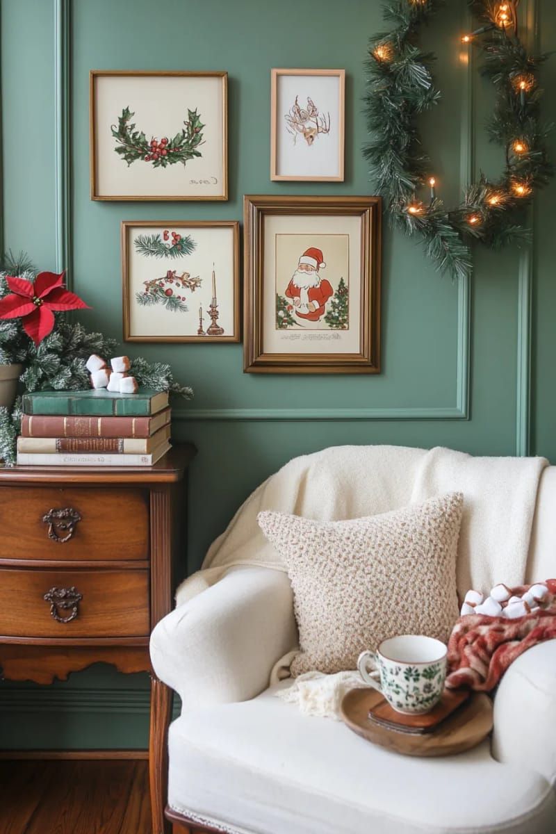 gallery wall of retro christmas cards in mismatched vintage frames 1