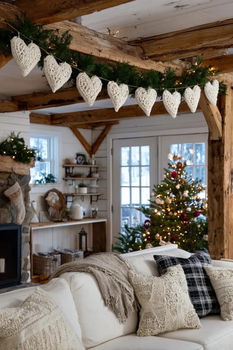 cozy yarn-wrapped stars and hearts strung on a wooden dowel 1