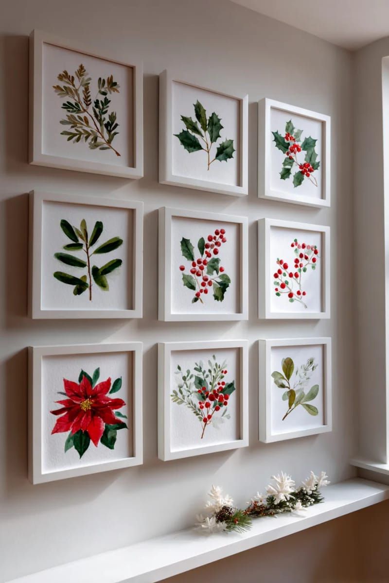 watercolor christmas botanicals framed in a symmetrical grid 1