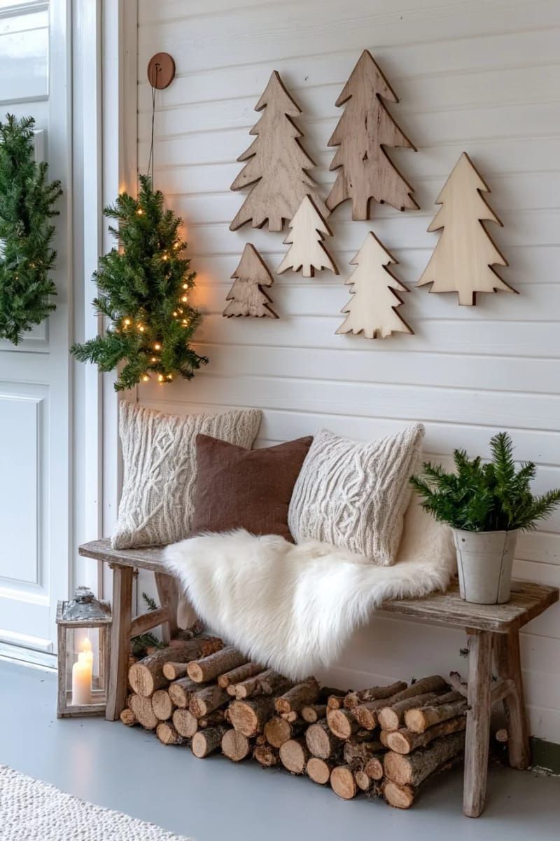 scandinavian wood cutout trees arranged in a geometric wall pattern 1